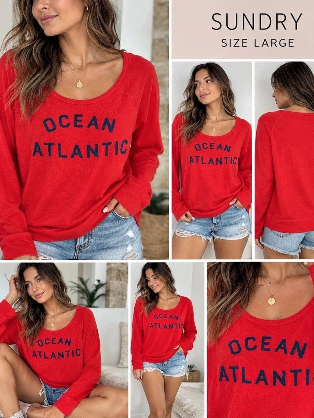 Sundry Ocean Atlantic Graphic Pullover Sweatshirt Red & Blue Size 3 (Large)